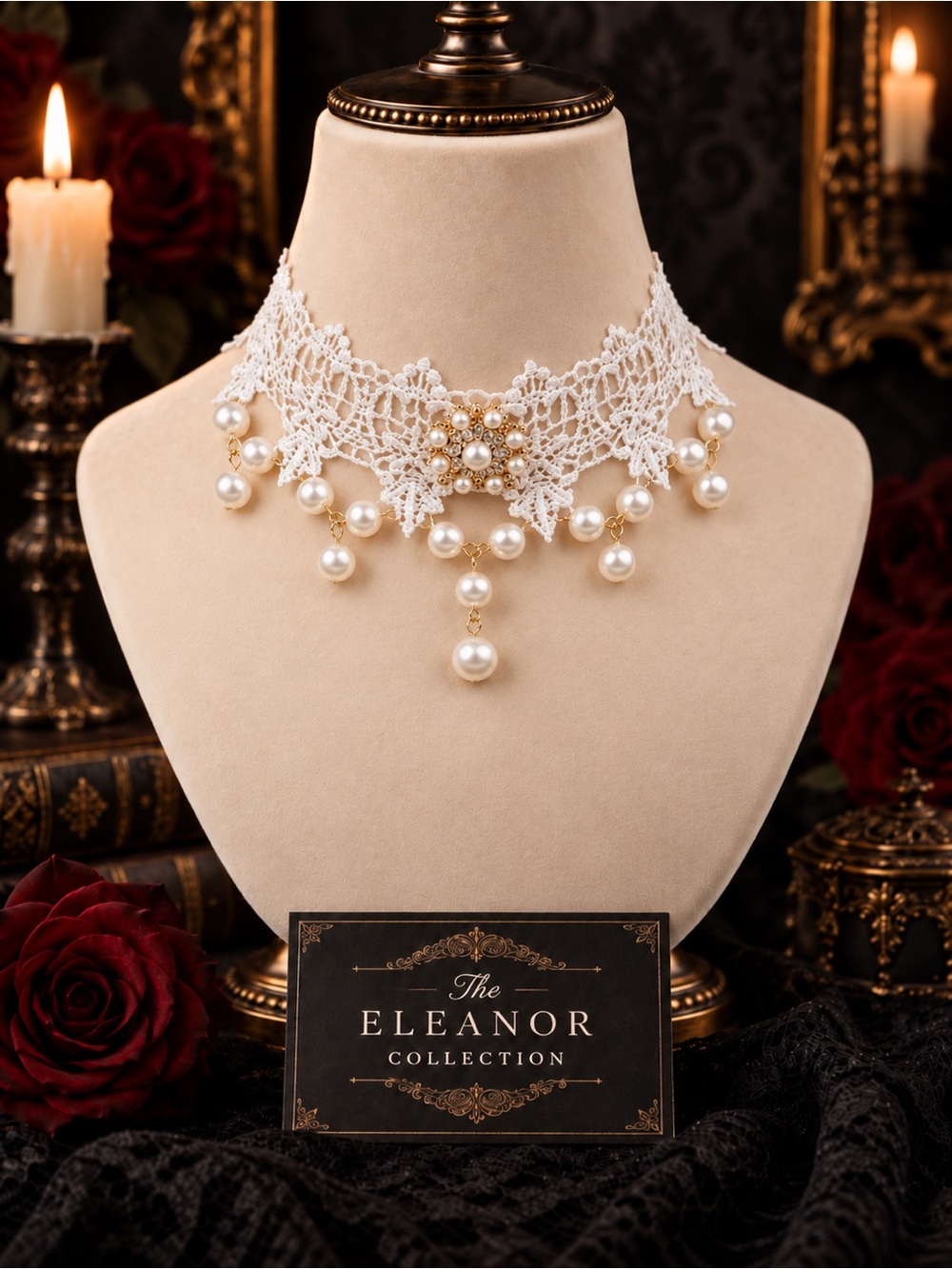 Eleanor ShuMark White Lace Faux Pearl Choker Necklace NWT